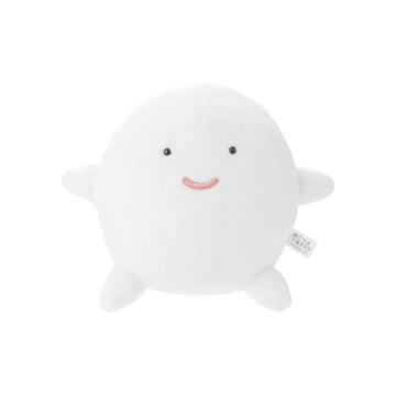 A plush toy resembling a stylized bird with a round body, arms, and legs, in a soft white color with a gentle smile. 君たちはどう生きるか	The Boy and the Heron © 2023 Hayao Miyazaki/Studio Ghibli